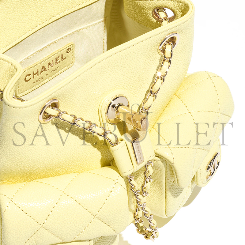 Ch*el small backpack grained calfskin & gold-tone metal light yellow as3787 b16985 (17.5*16.5*10cm)